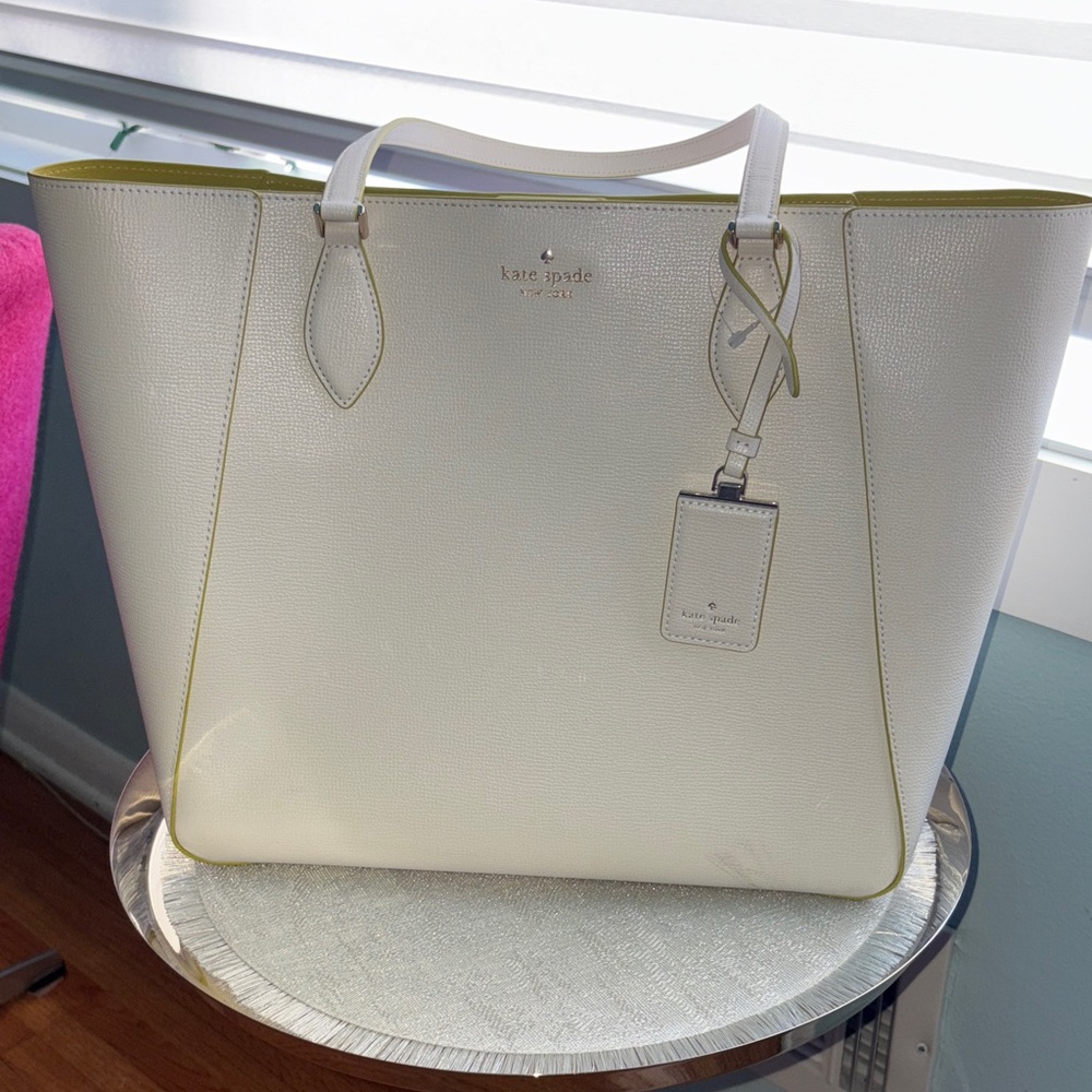 Kate Spade Cream Leather Tote with Lime Trim